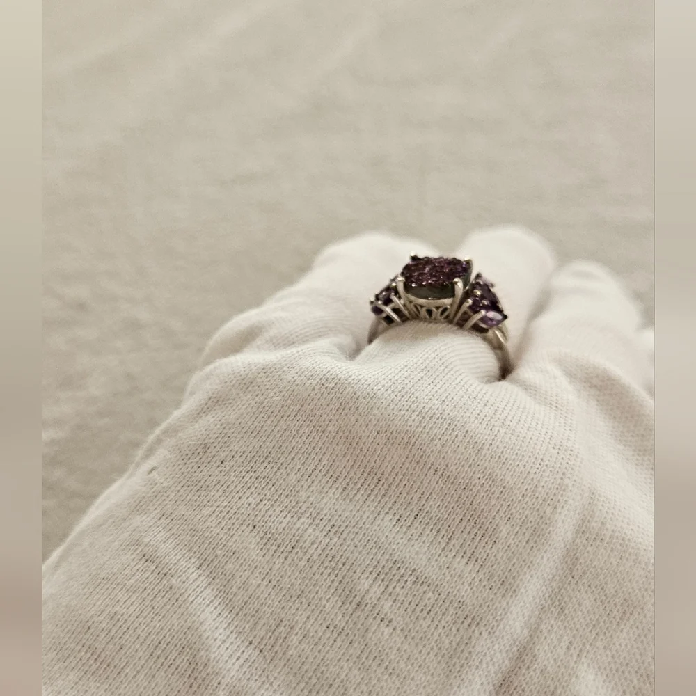 Purple Drusy African Amethyst Ring Platinum Over 925 Sterling Silver Sz 8